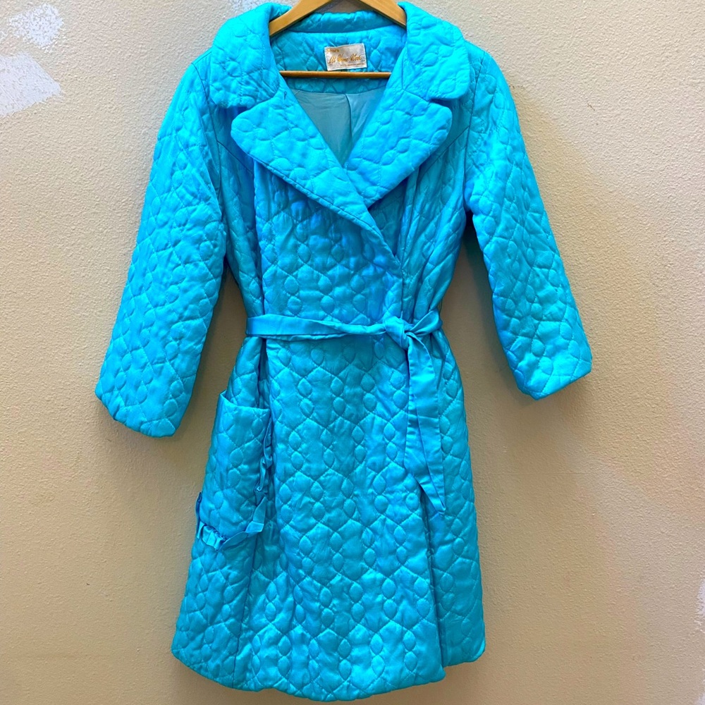 VINTAGE 70s blue quilted belted robe house coat